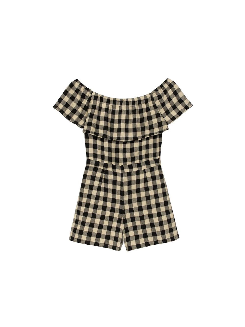 Traffic People Black and White Ruffled Off-Shoulder Romper XS